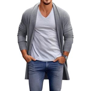 imageRuncati Mens Long Cardigan Sweater Casual Ruffle Shawl Collar Open Front Cardigan Knit Drape Cape Winter SweatersGray