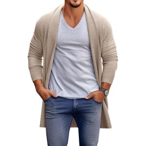 imageRuncati Mens Long Cardigan Sweater Casual Ruffle Shawl Collar Open Front Cardigan Knit Drape Cape Winter SweatersKhaki