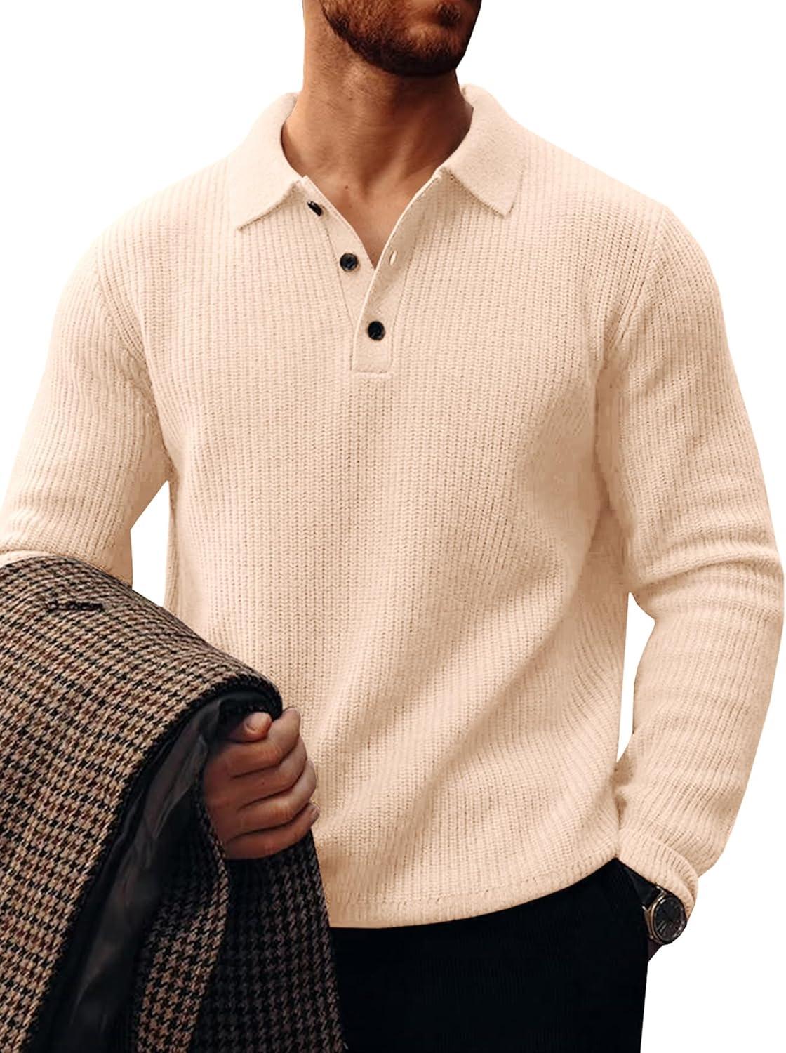 imageRuncati Mens Long Sleeve Polo Sweater Knit Polos V Neck Casual Dress Button Collared Pullover SweatersBeige