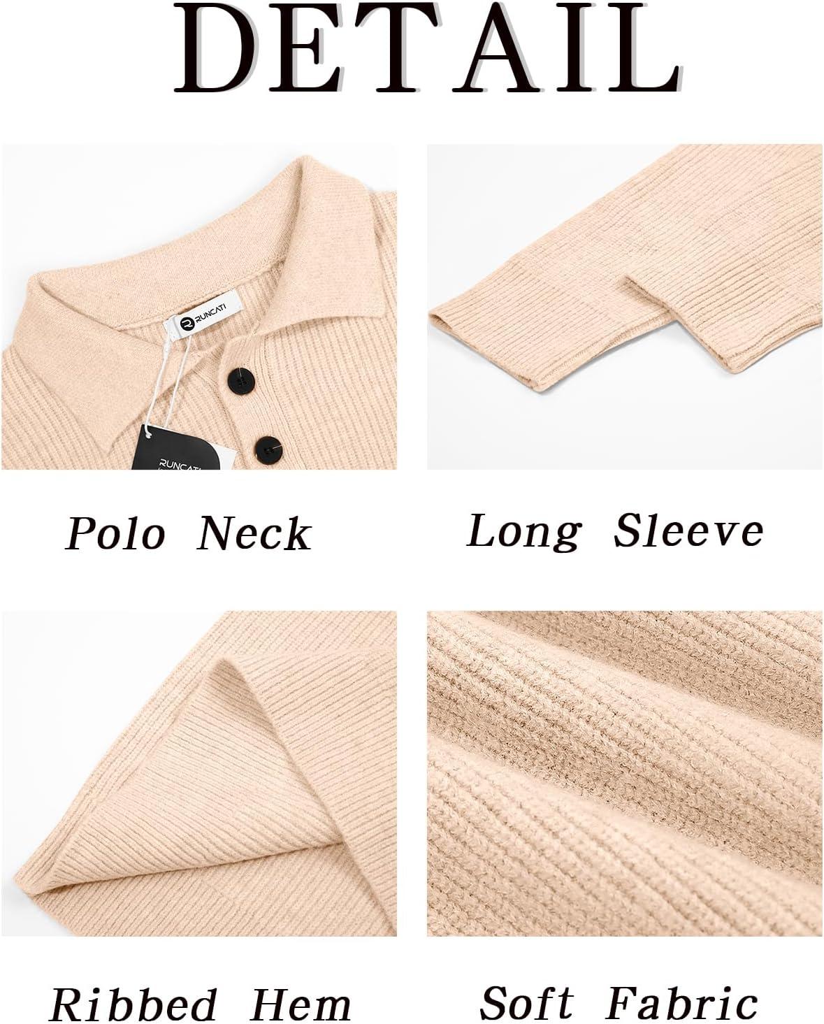 imageRuncati Mens Long Sleeve Polo Sweater Knit Polos V Neck Casual Dress Button Collared Pullover SweatersBeige