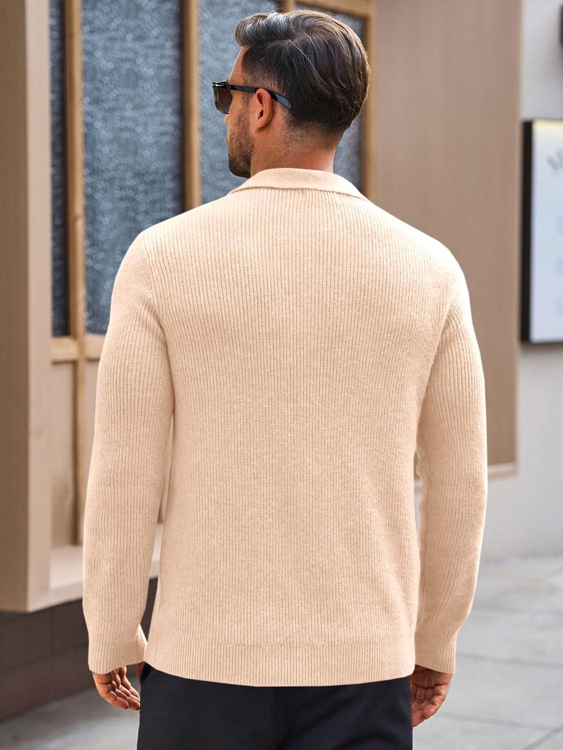 imageRuncati Mens Long Sleeve Polo Sweater Knit Polos V Neck Casual Dress Button Collared Pullover SweatersBeige