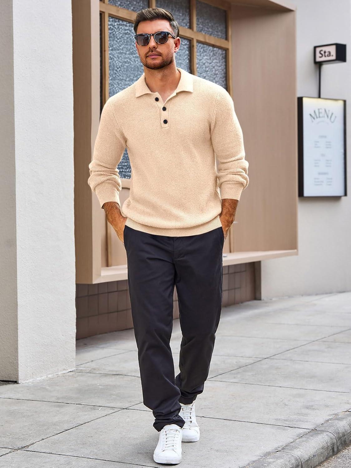 imageRuncati Mens Long Sleeve Polo Sweater Knit Polos V Neck Casual Dress Button Collared Pullover SweatersBeige