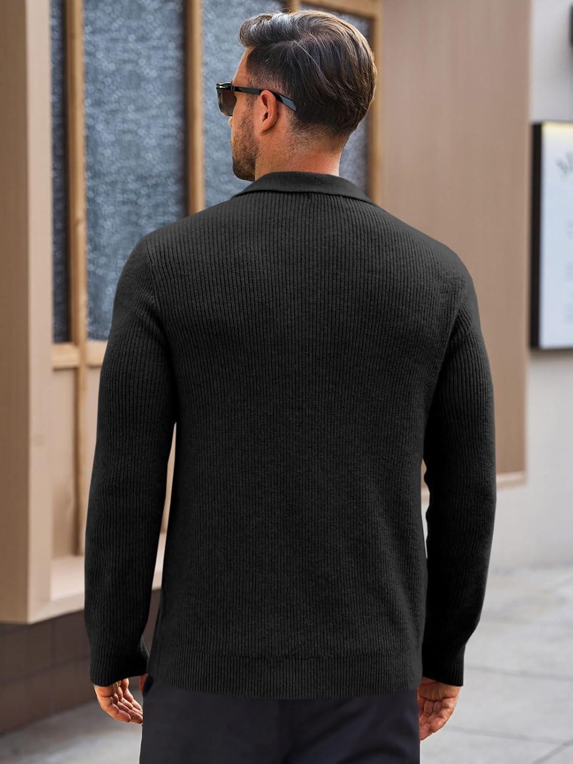 imageRuncati Mens Long Sleeve Polo Sweater Knit Polos V Neck Casual Dress Button Collared Pullover SweatersBlack