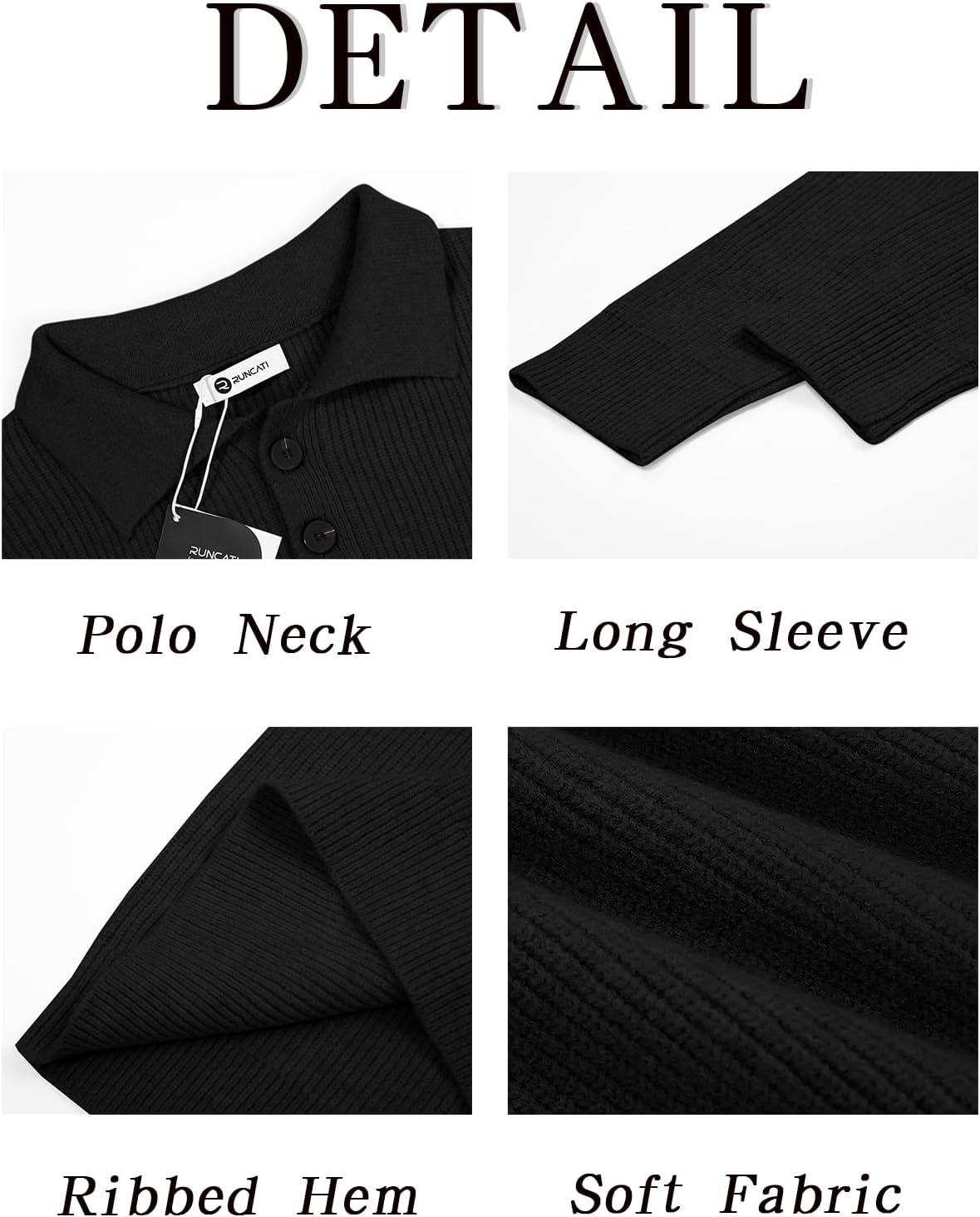 imageRuncati Mens Long Sleeve Polo Sweater Knit Polos V Neck Casual Dress Button Collared Pullover SweatersBlack