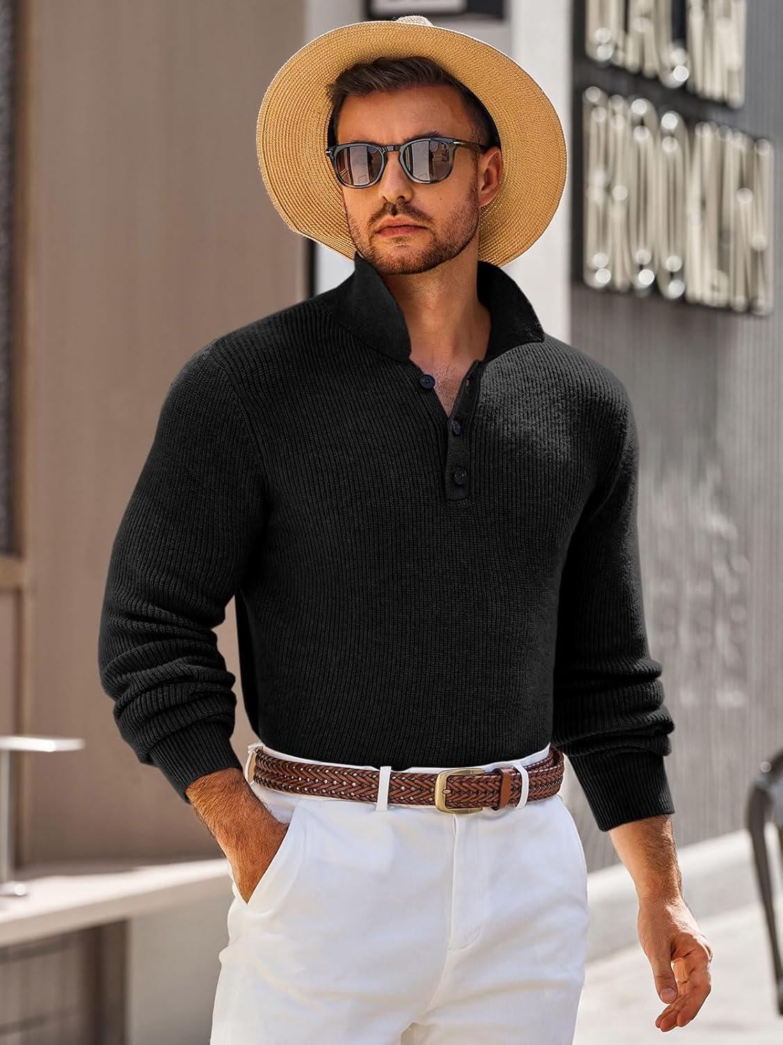 imageRuncati Mens Long Sleeve Polo Sweater Knit Polos V Neck Casual Dress Button Collared Pullover SweatersBlack