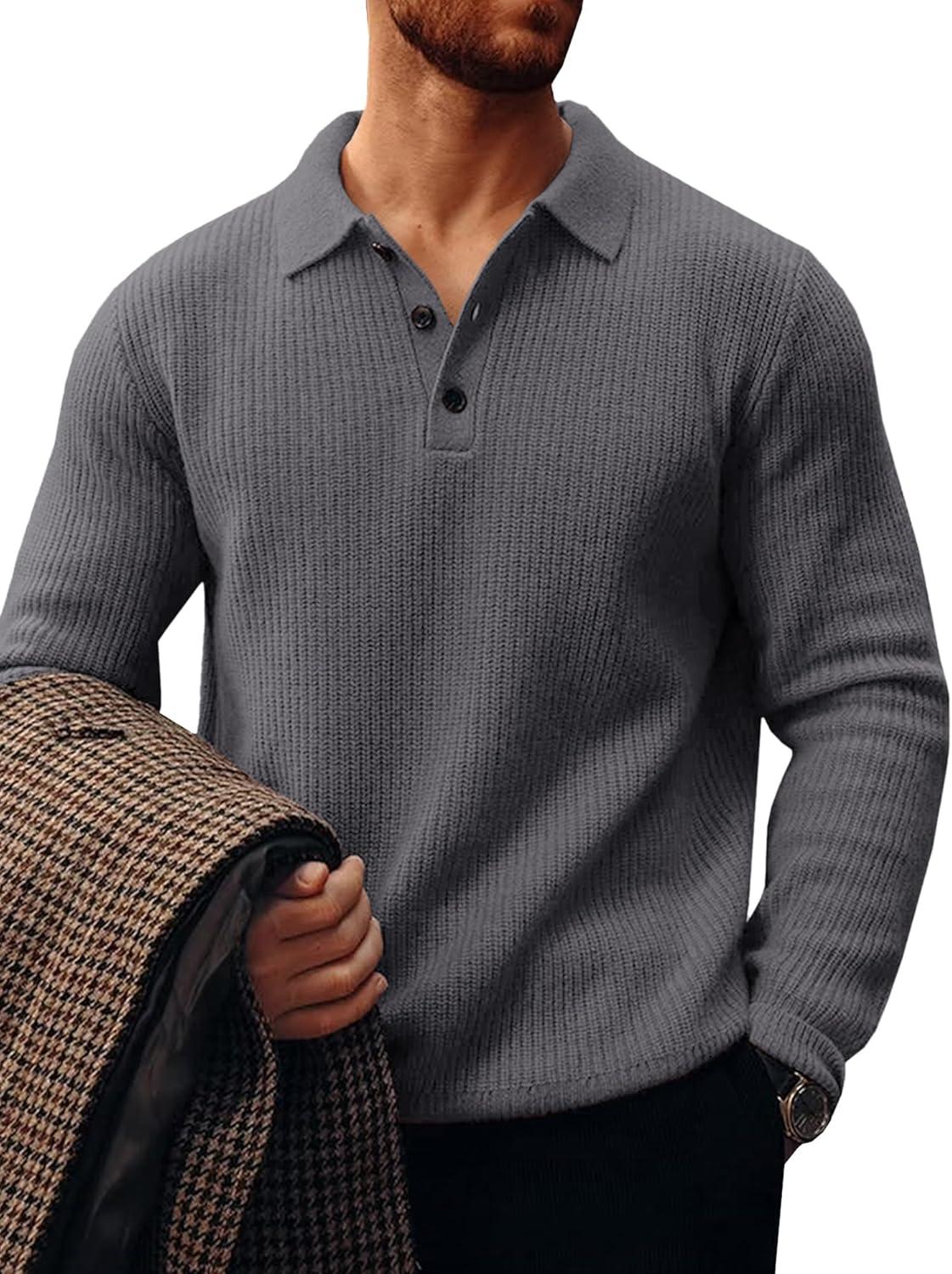 imageRuncati Mens Long Sleeve Polo Sweater Knit Polos V Neck Casual Dress Button Collared Pullover SweatersDark Grey