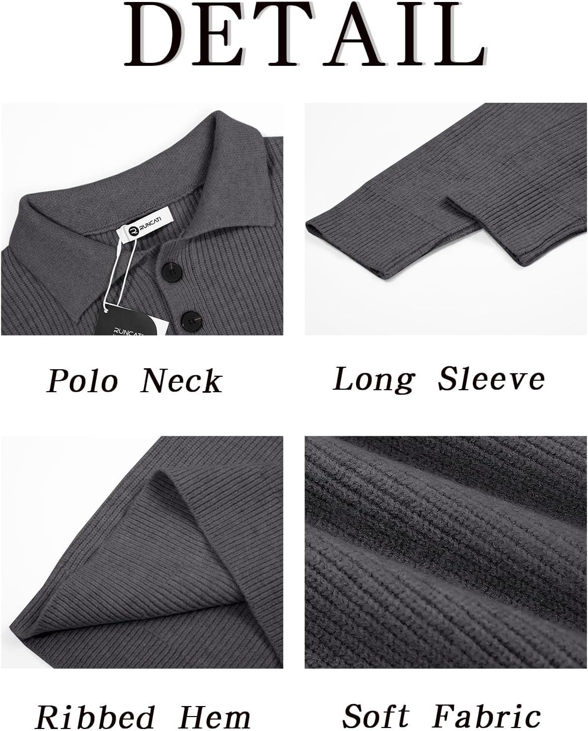 imageRuncati Mens Long Sleeve Polo Sweater Knit Polos V Neck Casual Dress Button Collared Pullover SweatersDark Grey