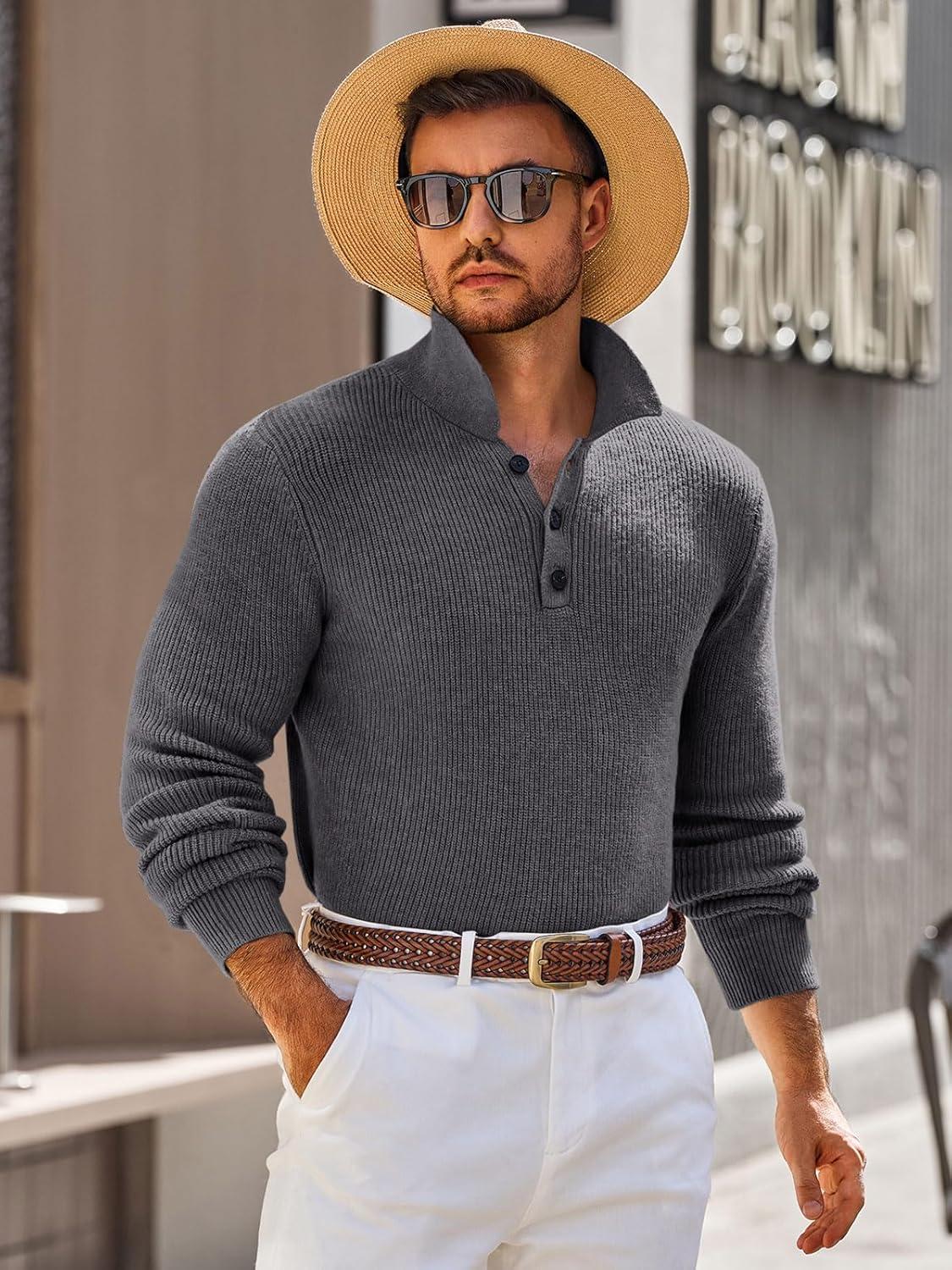 imageRuncati Mens Long Sleeve Polo Sweater Knit Polos V Neck Casual Dress Button Collared Pullover SweatersDark Grey