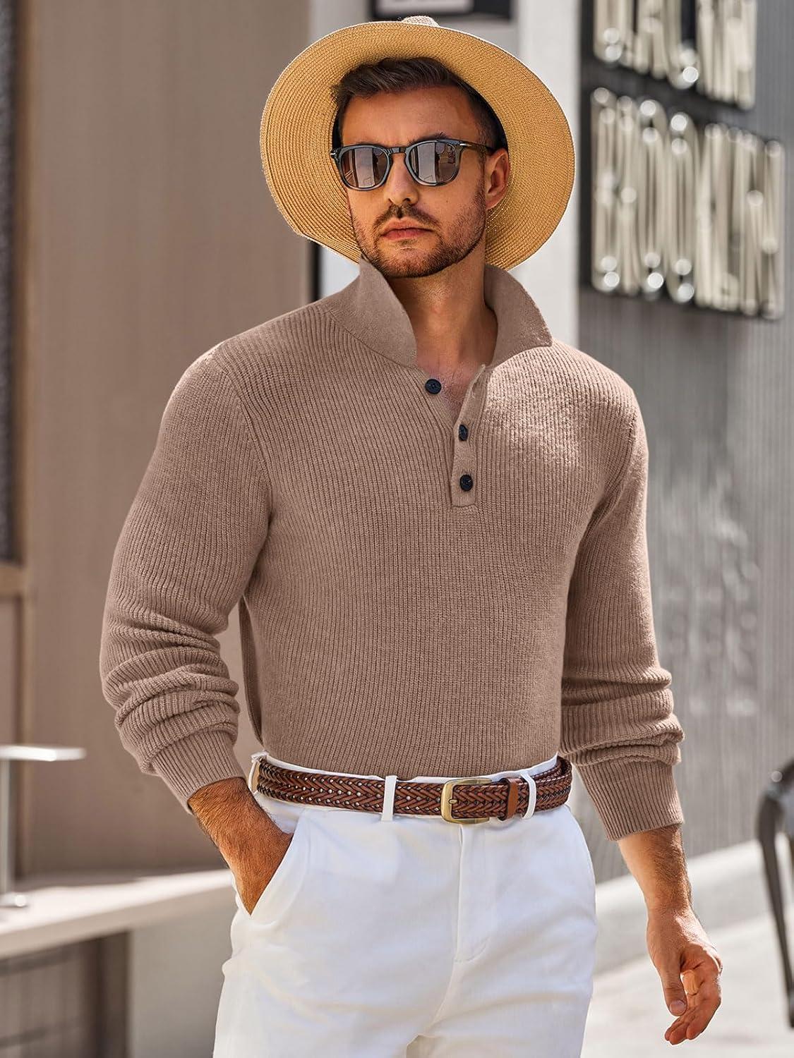 imageRuncati Mens Long Sleeve Polo Sweater Knit Polos V Neck Casual Dress Button Collared Pullover SweatersKhaki