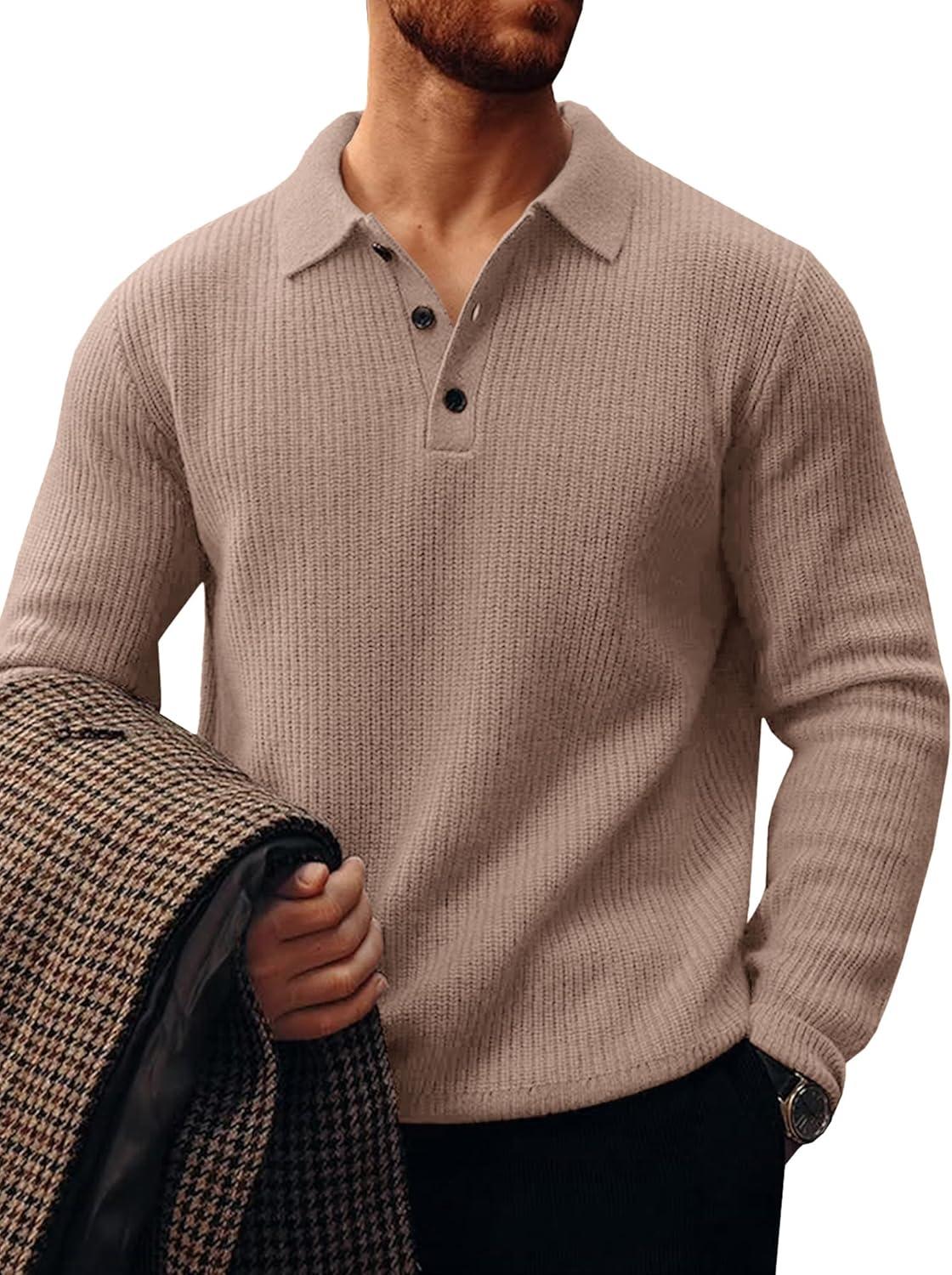 imageRuncati Mens Long Sleeve Polo Sweater Knit Polos V Neck Casual Dress Button Collared Pullover SweatersKhaki