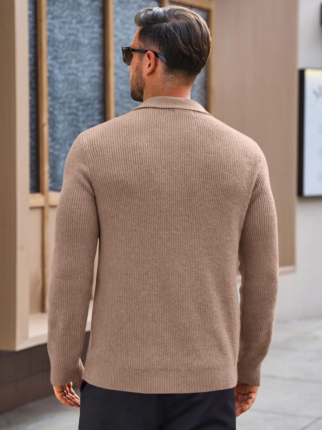 imageRuncati Mens Long Sleeve Polo Sweater Knit Polos V Neck Casual Dress Button Collared Pullover SweatersKhaki