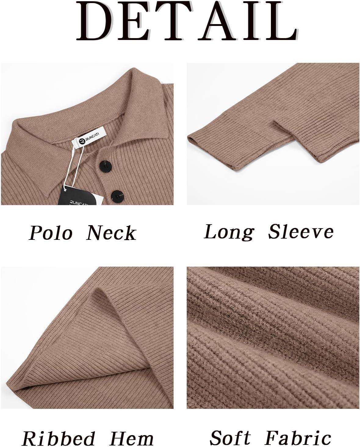 imageRuncati Mens Long Sleeve Polo Sweater Knit Polos V Neck Casual Dress Button Collared Pullover SweatersKhaki