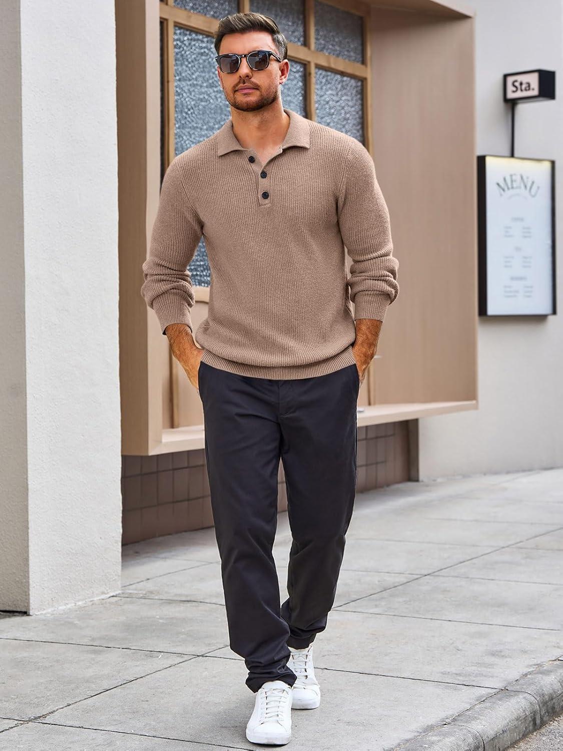 imageRuncati Mens Long Sleeve Polo Sweater Knit Polos V Neck Casual Dress Button Collared Pullover SweatersKhaki