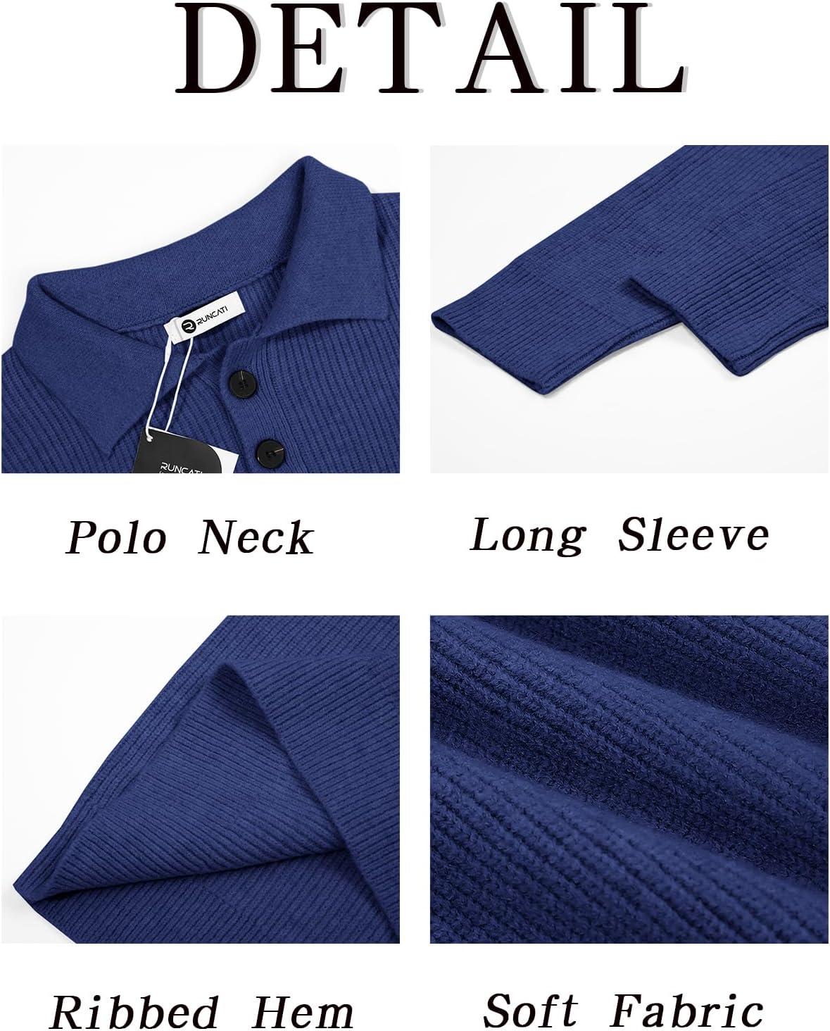 imageRuncati Mens Long Sleeve Polo Sweater Knit Polos V Neck Casual Dress Button Collared Pullover SweatersNavy