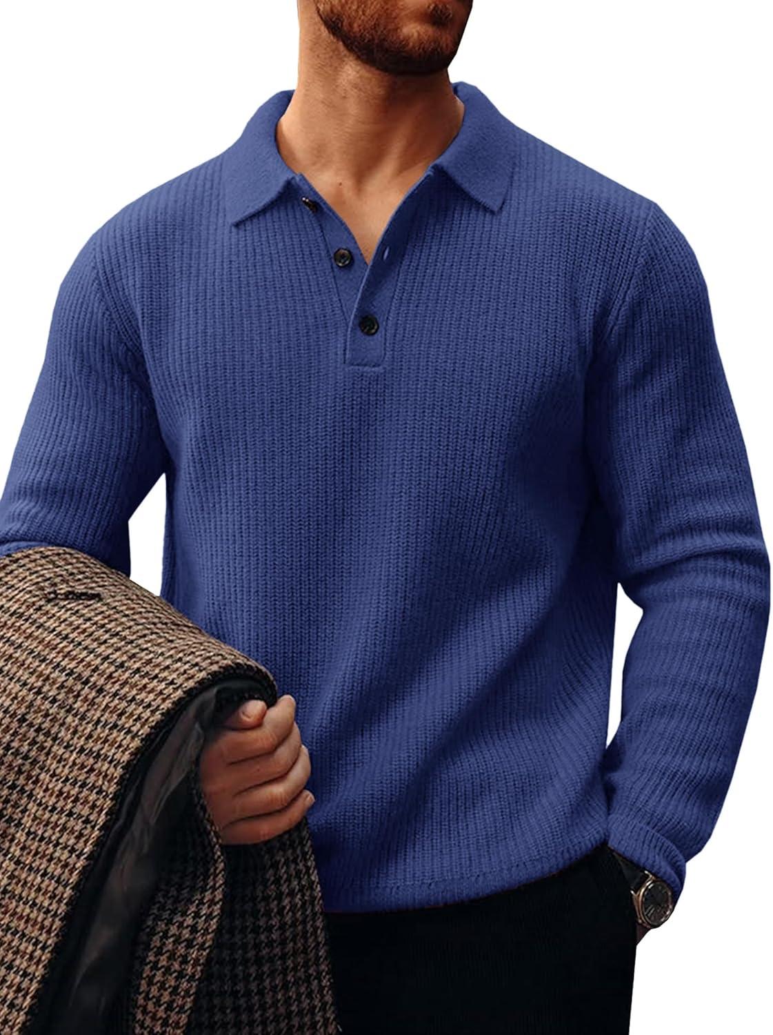 imageRuncati Mens Long Sleeve Polo Sweater Knit Polos V Neck Casual Dress Button Collared Pullover SweatersNavy