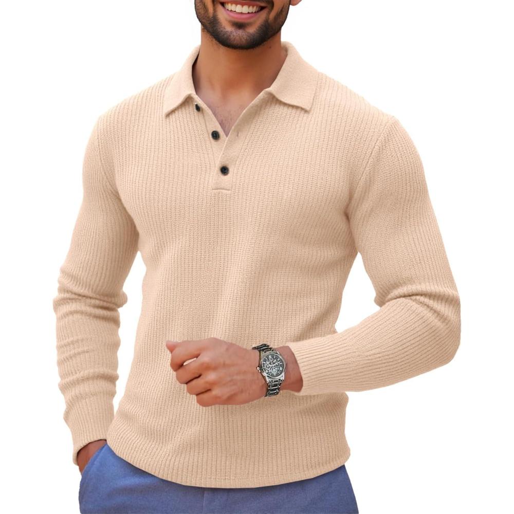 imageRuncati Mens Long Sleeve Polo Sweater Knit Polos V Neck Casual Dress Button Collared Pullover SweatersBeige