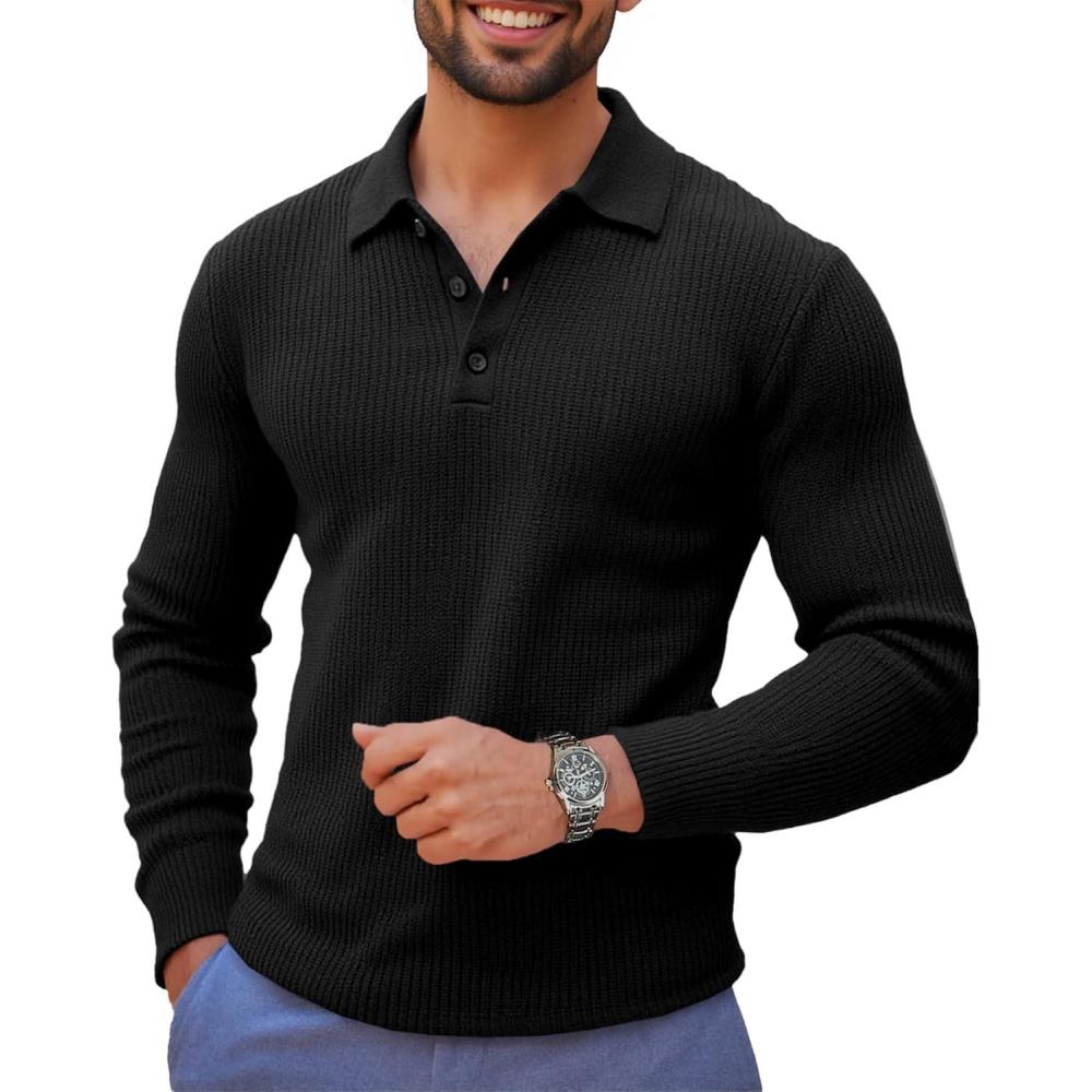 imageRuncati Mens Long Sleeve Polo Sweater Knit Polos V Neck Casual Dress Button Collared Pullover SweatersBlack