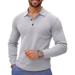 imageRuncati Mens Long Sleeve Polo Sweater Knit Polos V Neck Casual Dress Button Collared Pullover SweatersLight Grey