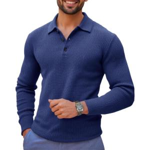 imageRuncati Mens Long Sleeve Polo Sweater Knit Polos V Neck Casual Dress Button Collared Pullover SweatersNavy