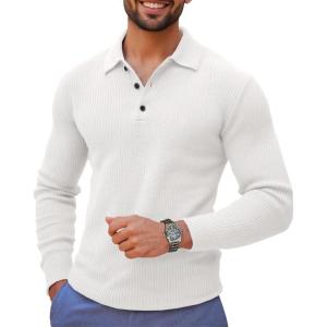 imageRuncati Mens Long Sleeve Polo Sweater Knit Polos V Neck Casual Dress Button Collared Pullover SweatersWhite