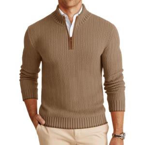imageRuncati Mens QuarterZip Pullover Sweater Casual Mock Neck Knitted Winter Warm Ribbed Polo SweatersKhaki