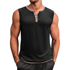 imageRuncati Mens Workout Tank Tops Sleeveless Gym Muscle Henley Shirt Casual Basic Summer Beach TopsBlack