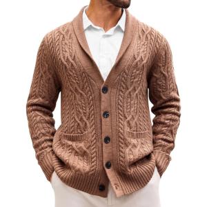 imageRuncati Mens Shawl Collar Cardigan Sweater Casual Cable Knit Button Down Winter Chunky Ribbed SweatersBrown