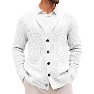 imageRuncati Mens Shawl Collar Cardigan Sweater Casual Cable Knit Button Down Winter Chunky Ribbed SweatersWhite