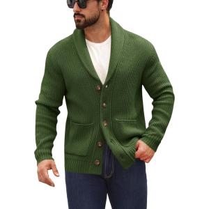 imageRuncati Mens Shawl Collar Cardigan Sweater Button Down Ribbed Knit Sweaters Chunky Casual Cardigan with PocketsArmy Green
