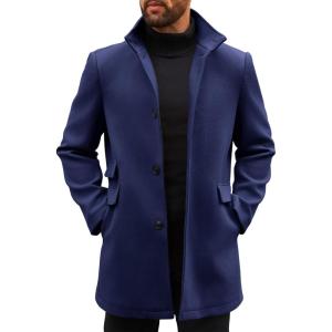 imageRuncati Mens Pea Coats Single Breasted Stand Collar Casual Slim Fit Trench Coat Mid Long Winter Overcoat with PocketsNavy