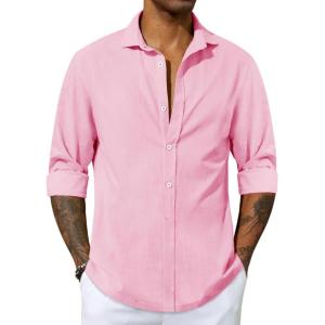imageMens Button Up Shirts Long Sleeve Linen Beach Casual Cotton Summer Lightweight Tops2 Pink