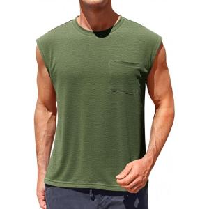 imageRuncati Mens Sleeveless Tank Tops Workout Cut Off Muscle Shirts Gym Casual Beach Summer Tee with PocketArmy Green