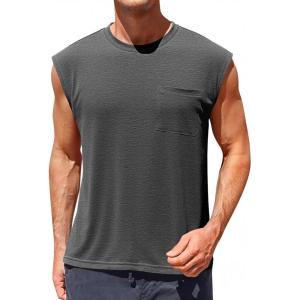 imageRuncati Mens Sleeveless Tank Tops Workout Cut Off Muscle Shirts Gym Casual Beach Summer Tee with PocketDark Grey