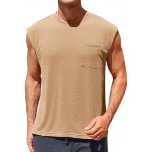 imageRuncati Mens Sleeveless Tank Tops Workout Cut Off Muscle Shirts Gym Casual Beach Summer Tee with PocketKhaki