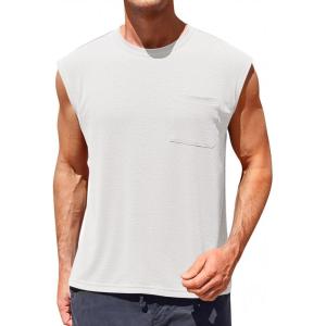 imageRuncati Mens Sleeveless Tank Tops Workout Cut Off Muscle Shirts Gym Casual Beach Summer Tee with PocketWhite