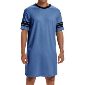 imageRuncati Mens Nightshirt Short Sleeve V Neck Sleep Shirt Soft Loose Fit Lounge Nightwear Sleepwear PajamaDark Blue
