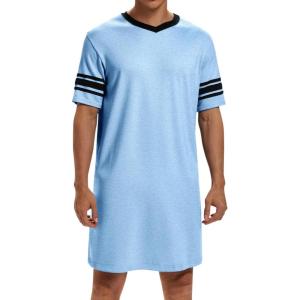 imageRuncati Mens Nightshirt Short Sleeve V Neck Sleep Shirt Soft Loose Fit Lounge Nightwear Sleepwear PajamaSky Blue