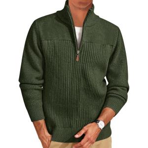 imageRuncati Mens Quarter Zip Sweater Mock Neck Pullover Ribbed Knit Casual Lightweight Polo SweatersArmy Green