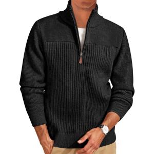imageRuncati Mens Quarter Zip Sweater Mock Neck Pullover Ribbed Knit Casual Lightweight Polo SweatersBlack