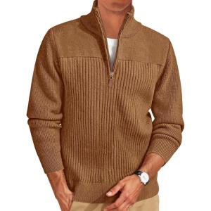 imageRuncati Mens Quarter Zip Sweater Mock Neck Pullover Ribbed Knit Casual Lightweight Polo SweatersBrown