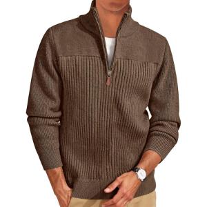 imageRuncati Mens Quarter Zip Sweater Mock Neck Pullover Ribbed Knit Casual Lightweight Polo SweatersCoffee