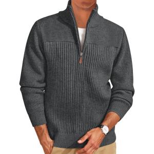 imageRuncati Mens Quarter Zip Sweater Mock Neck Pullover Ribbed Knit Casual Lightweight Polo SweatersDark Grey