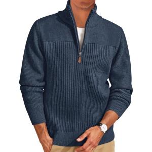 imageRuncati Mens Quarter Zip Sweater Mock Neck Pullover Ribbed Knit Casual Lightweight Polo SweatersNavy