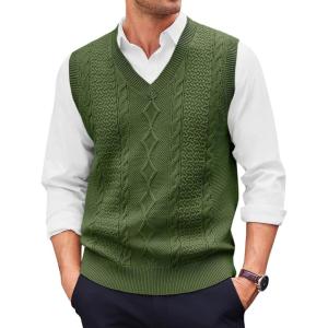 imageRuncati Mens V Neck Sweater Vest Casual Cable Knitted Pullover Knitwear Slim Fit Sleeveless SweatersArmy Green