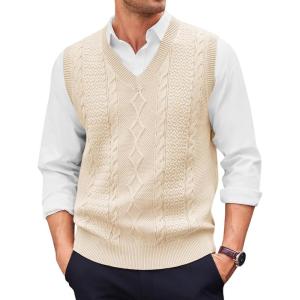 imageRuncati Mens V Neck Sweater Vest Casual Cable Knitted Pullover Knitwear Slim Fit Sleeveless SweatersBeige