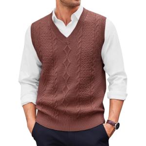 imageRuncati Mens V Neck Sweater Vest Casual Cable Knitted Pullover Knitwear Slim Fit Sleeveless SweatersCoffee