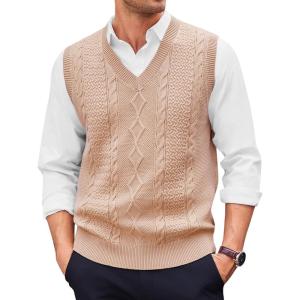 imageRuncati Mens V Neck Sweater Vest Casual Cable Knitted Pullover Knitwear Slim Fit Sleeveless SweatersKhaki