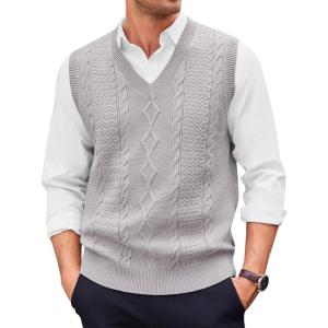 imageRuncati Mens V Neck Sweater Vest Casual Cable Knitted Pullover Knitwear Slim Fit Sleeveless SweatersLight Grey