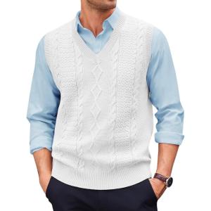 imageRuncati Mens V Neck Sweater Vest Casual Cable Knitted Pullover Knitwear Slim Fit Sleeveless SweatersWhite