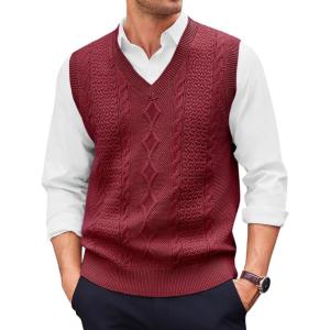 imageRuncati Mens V Neck Sweater Vest Casual Cable Knitted Pullover Knitwear Slim Fit Sleeveless SweatersWine Red